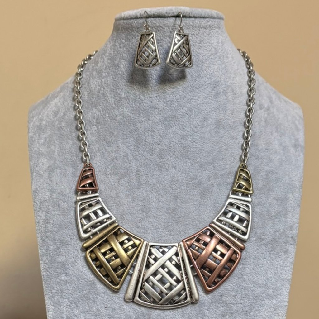 Tri Tone Attached Metal Bib Collar Necklace Earring Set